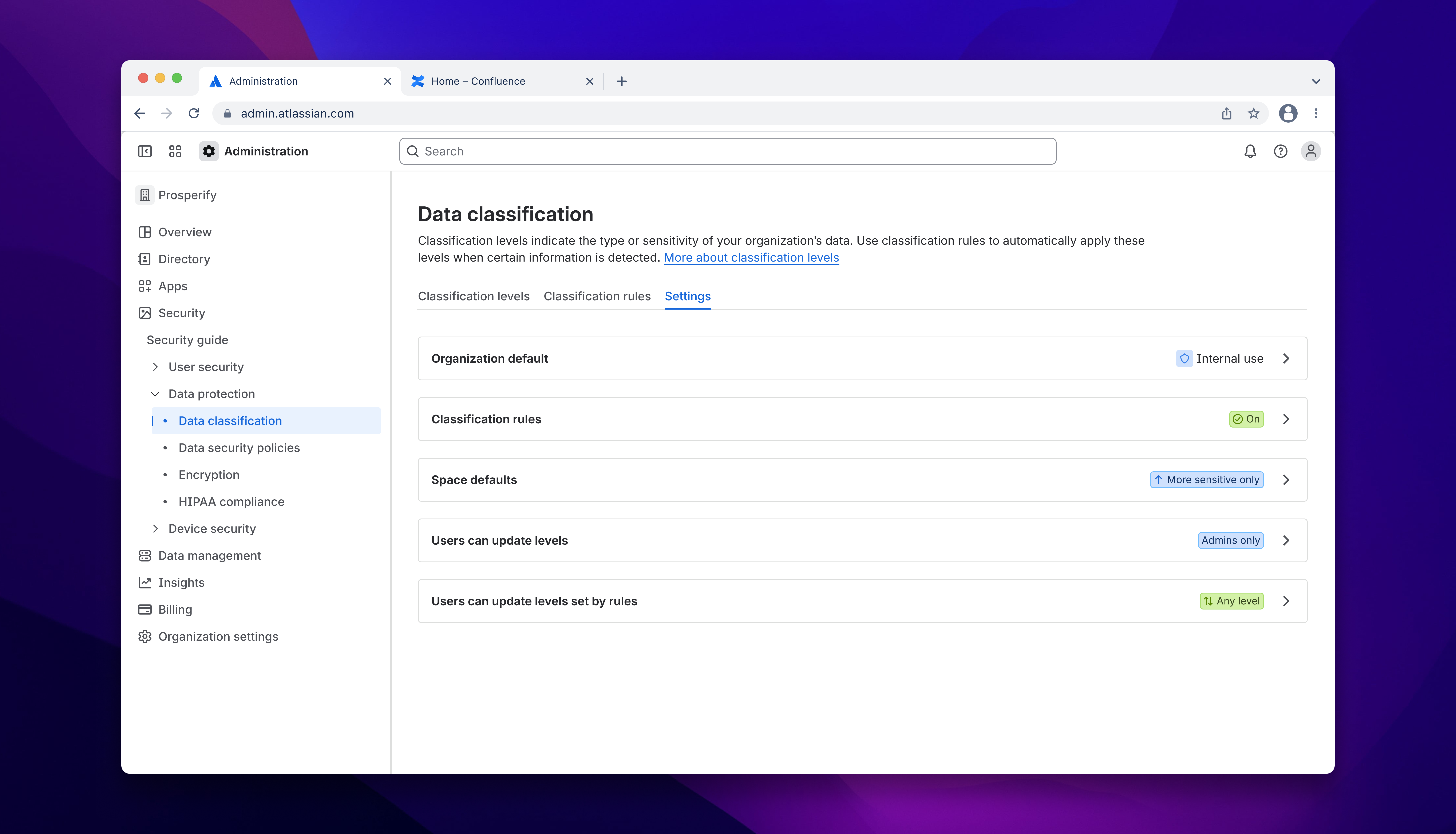 Guard Premium data classification settings: full org-level configuration panel with organisation default, space defaults, and related controls.