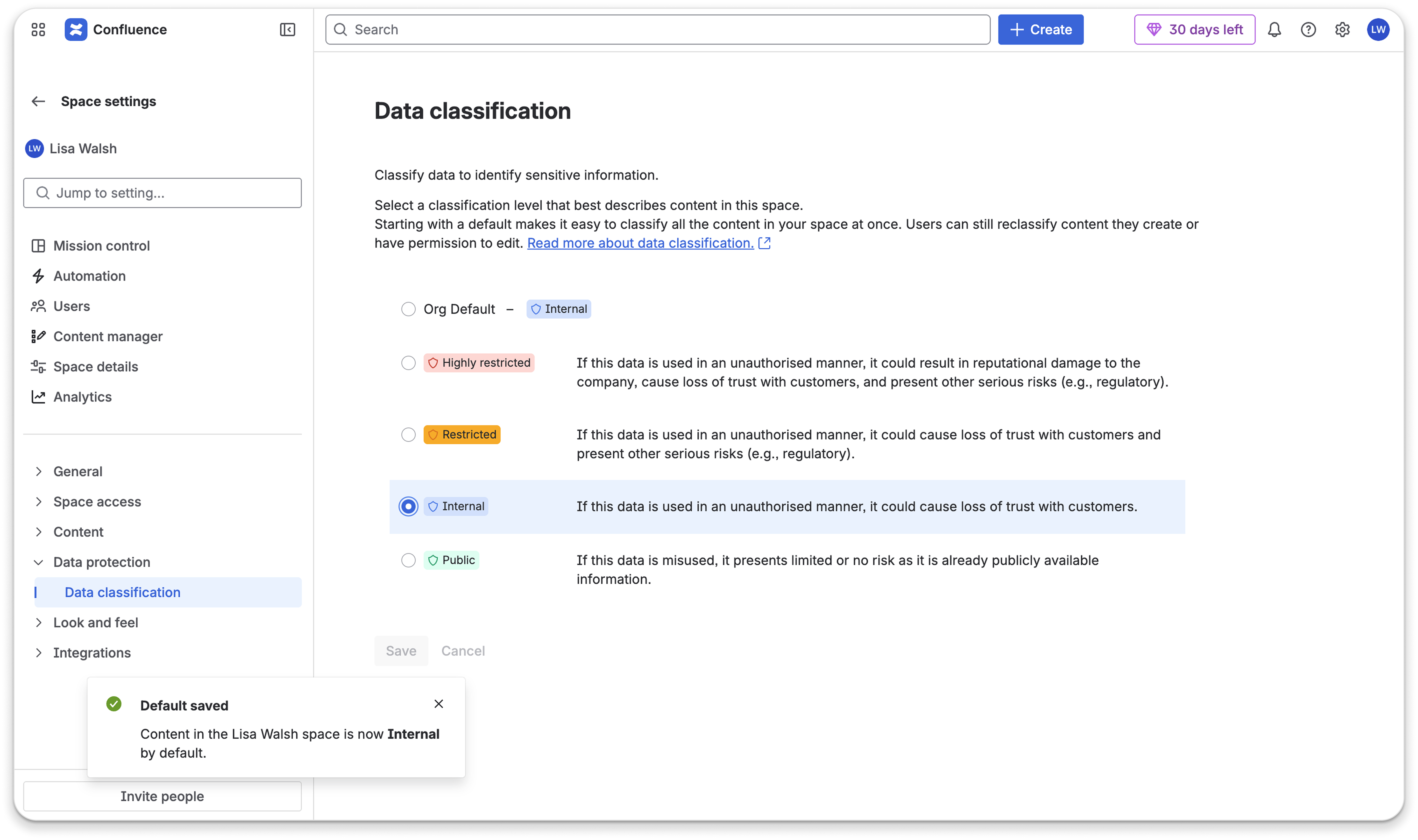Confluence space-level data classification settings - previous full-screen experience showing org defaults toggle and split layout before the interaction redesign.