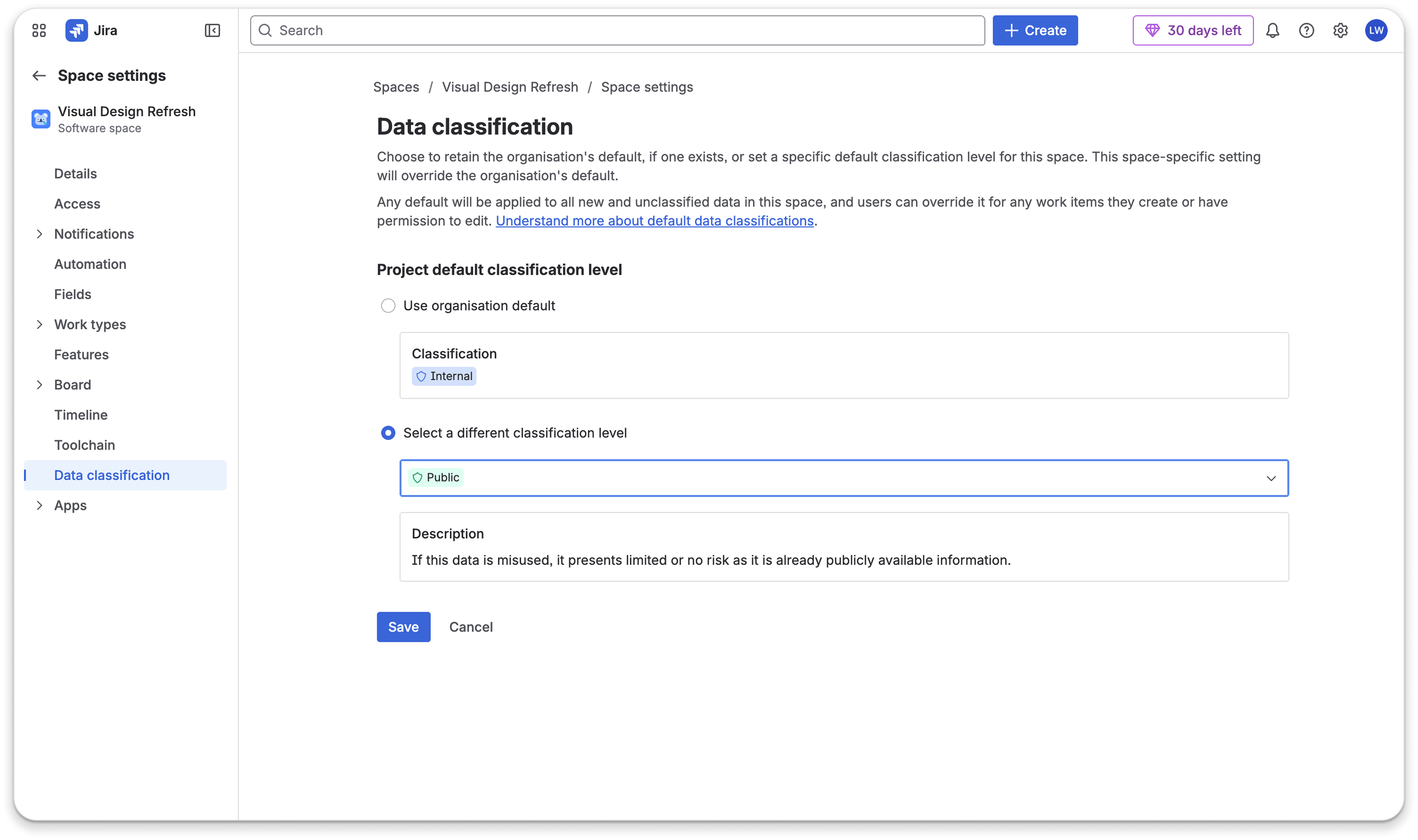 Jira space-level data classification settings showing the adopted interaction design after the org-defaults toggle and split layout were reworked.